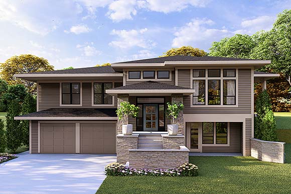 Contemporary, Modern, Prairie House Plan 100835 with 4 Beds, 4 Baths, 2 Car Garage Elevation