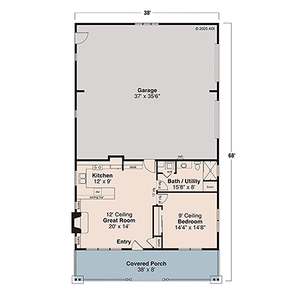 Cottage, Country, Craftsman Garage-Living Plan 100841 with 1 Beds, 1 Baths, 4 Car Garage First Level Plan