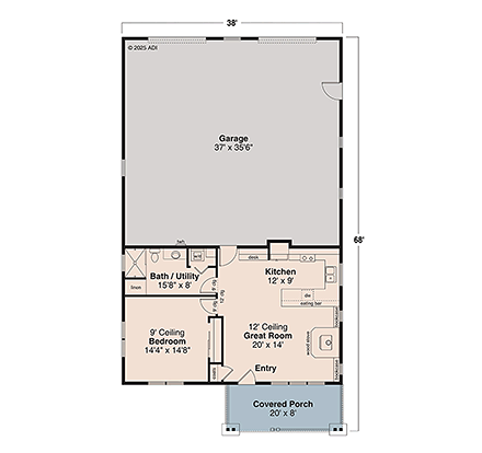 Cottage, Country, Craftsman Garage-Living Plan 100842 with 1 Beds, 1 Baths, 4 Car Garage First Level Plan