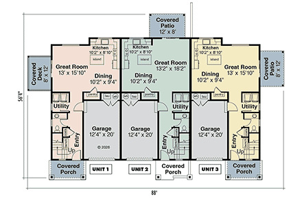 Contemporary, Country, Craftsman Multi-Family Plan 100890 with 9 Beds, 9 Baths, 3 Car Garage First Level Plan