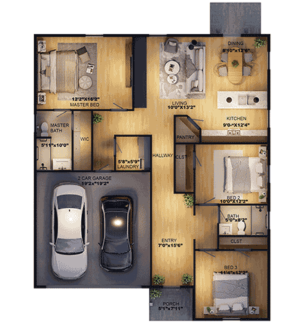 Country, Ranch, Traditional House Plan 101102 with 3 Beds, 2 Baths, 2 Car Garage First Level Plan