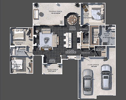 Craftsman, Farmhouse, New American, Ranch, Traditional House Plan 101103 with 3 Beds, 2 Baths, 2 Car Garage First Level Plan