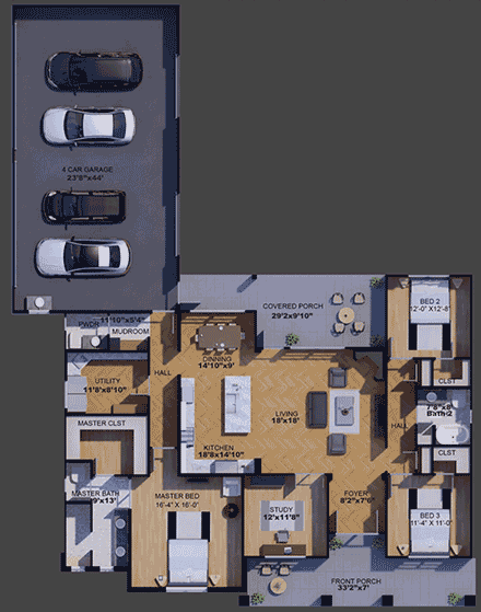 New American, Ranch House Plan 101104 with 3 Beds, 3 Baths, 4 Car Garage First Level Plan
