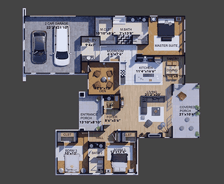 Contemporary, Prairie House Plan 101105 with 3 Beds, 3 Baths, 2 Car Garage First Level Plan