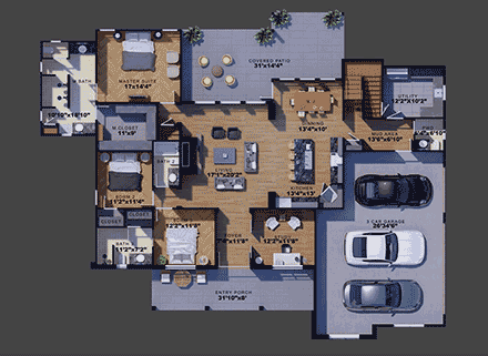 Country, Craftsman, Farmhouse House Plan 101106 with 3 Beds, 4 Baths, 3 Car Garage First Level Plan