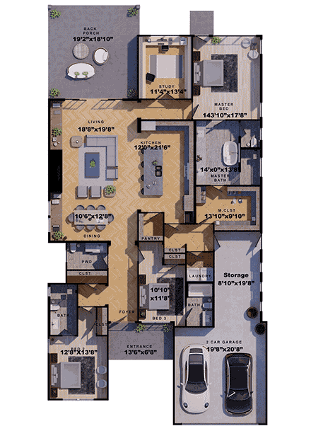 Country, Farmhouse, New American House Plan 101107 with 3 Beds, 4 Baths, 2 Car Garage First Level Plan