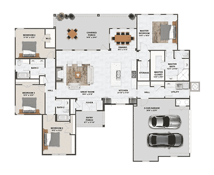 Craftsman, Farmhouse, New American, Southern House Plan 101108 with 4 Beds, 3 Baths, 2 Car Garage First Level Plan