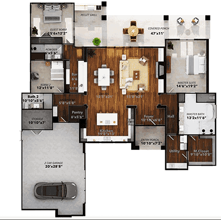Contemporary, Modern House Plan 101112 with 3 Beds, 3 Baths, 2 Car Garage First Level Plan
