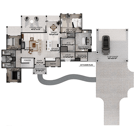 Country, Farmhouse, Southern House Plan 101114 with 4 Beds, 3 Baths, 2 Car Garage First Level Plan
