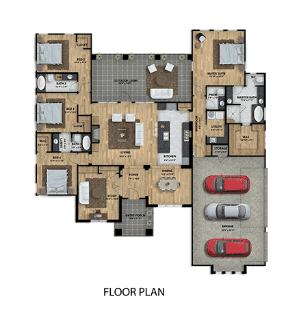 Contemporary House Plan 101115 with 4 Beds, 4 Baths, 3 Car Garage First Level Plan