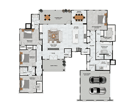 Contemporary, Prairie, Ranch House Plan 101117 with 4 Beds, 4 Baths, 2 Car Garage First Level Plan