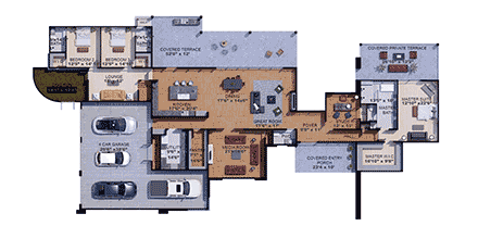 Contemporary, Modern House Plan 101128 with 3 Beds, 4 Baths, 4 Car Garage First Level Plan