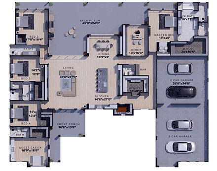 Farmhouse, New American House Plan 101129 with 5 Beds, 5 Baths, 4 Car Garage First Level Plan