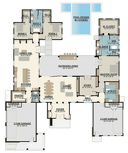 Contemporary, Modern House Plan 101130 with 4 Beds, 4 Baths, 4 Car Garage First Level Plan