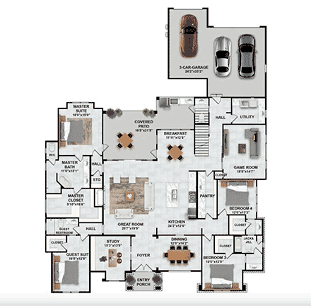 Contemporary, Ranch House Plan 101131 with 4 Beds, 4 Baths, 3 Car Garage First Level Plan