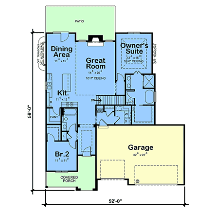 Craftsman, European House Plan 101207 with 2 Beds, 2 Baths, 3 Car Garage First Level Plan