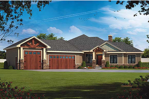 Craftsman, New American, Ranch House Plan 101210 with 5 Beds, 3 Baths, 3 Car Garage Elevation