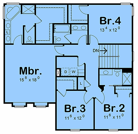 Traditional House Plan 101217 with 4 Beds, 4 Baths, 2 Car Garage Second Level Plan