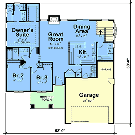 Ranch, Traditional House Plan 101223 with 3 Beds, 2 Baths, 2 Car Garage First Level Plan