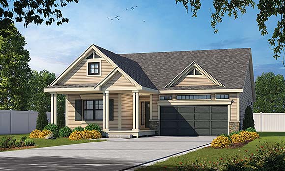 Bungalow, Craftsman, Traditional House Plan 101224 with 2 Beds, 2 Baths, 2 Car Garage Elevation