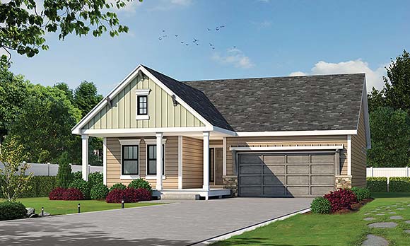 Bungalow, Craftsman, Traditional House Plan 101225 with 2 Beds, 2 Baths, 2 Car Garage Elevation