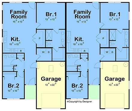 Country, Craftsman, Traditional Multi-Family Plan 101230 with 4 Beds, 4 Baths, 2 Car Garage First Level Plan