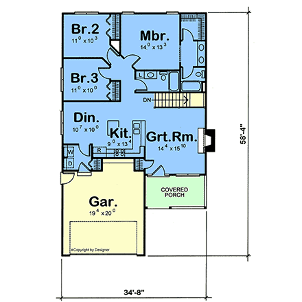 Craftsman, Traditional House Plan 101237 with 3 Beds, 2 Baths, 2 Car Garage First Level Plan