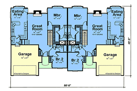Ranch, Traditional Multi-Family Plan 101238 with 4 Beds, 4 Baths, 4 Car Garage First Level Plan