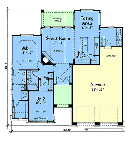 Acadian, European, French Country, Traditional House Plan 101250 with 2 Beds, 2 Baths, 2 Car Garage First Level Plan