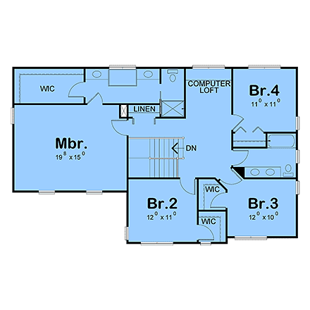 Colonial, Contemporary, Traditional House Plan 101272 with 4 Beds, 3 Baths, 2 Car Garage Second Level Plan