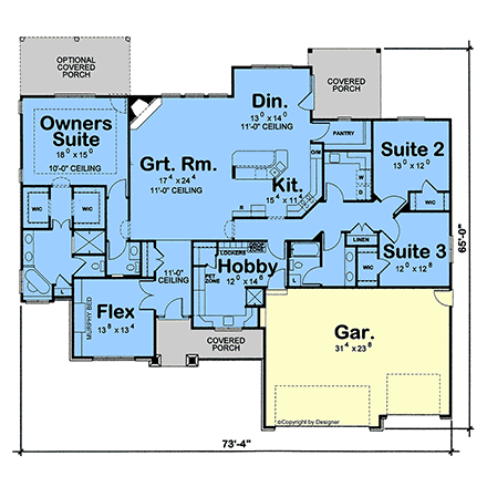 Contemporary, Craftsman, Farmhouse, Ranch House Plan 101276 with 3 Beds, 3 Baths, 3 Car Garage First Level Plan