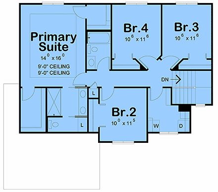 Contemporary, Farmhouse, New American House Plan 101283 with 4 Beds, 3 Baths, 2 Car Garage Second Level Plan