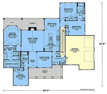 Contemporary, Country, Farmhouse, Traditional House Plan 101291 with 4 Beds, 3 Baths, 2 Car Garage First Level Plan
