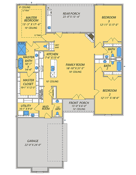 Acadian, Contemporary, Southern, Traditional House Plan 101302 with 3 Beds, 4 Baths, 2 Car Garage First Level Plan