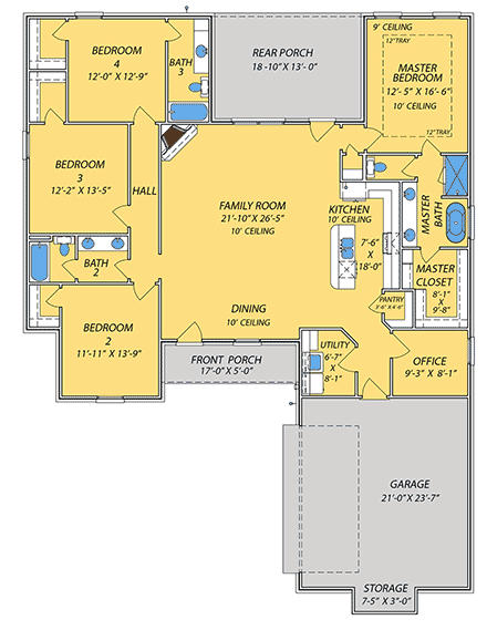 Acadian, Contemporary, Traditional House Plan 101303 with 4 Beds, 3 Baths, 2 Car Garage First Level Plan