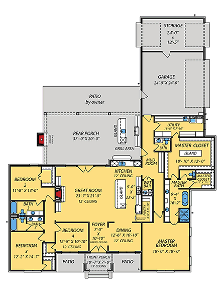 Acadian, French Country, Traditional House Plan 101304 with 4 Beds, 4 Baths, 2 Car Garage First Level Plan