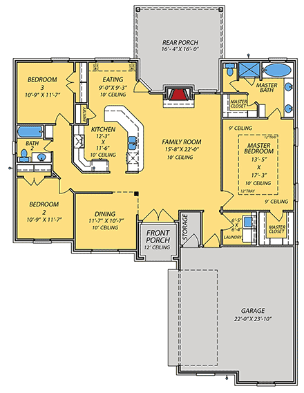 Acadian, Contemporary, Traditional House Plan 101305 with 3 Beds, 2 Baths, 2 Car Garage First Level Plan