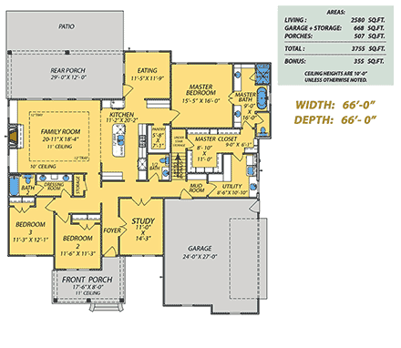Acadian, Contemporary, Traditional House Plan 101308 with 3 Beds, 3 Baths, 2 Car Garage First Level Plan