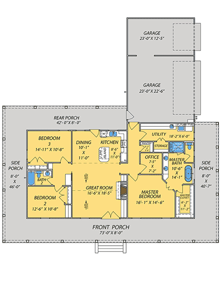 Contemporary, Farmhouse, Southern, Traditional House Plan 101309 with 3 Beds, 2 Baths, 3 Car Garage First Level Plan