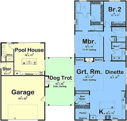 Cottage, Country, Ranch, Southern, Traditional House Plan 101402 with 2 Beds, 3 Baths, 2 Car Garage First Level Plan