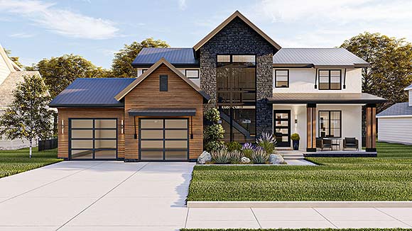 Contemporary, Craftsman, Farmhouse, New American House Plan 101403 with 4 Beds, 3 Baths, 2 Car Garage Elevation
