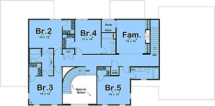 Colonial, Southern, Traditional House Plan 101404 with 5 Beds, 5 Baths, 4 Car Garage Second Level Plan