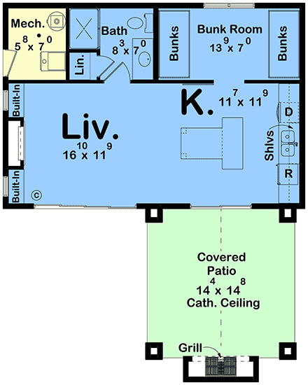 Country, Traditional Misc Plan 101407 with 1 Beds, 1 Baths First Level Plan