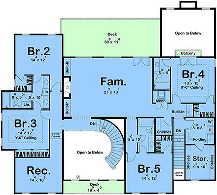 European, Mediterranean House Plan 101408 with 5 Beds, 5 Baths, 6 Car Garage Second Level Plan