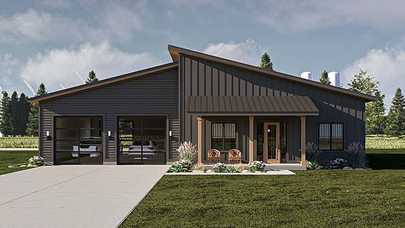 Barndominium, Contemporary, Modern House Plan 101411 with 2 Beds, 2 Baths, 3 Car Garage Elevation