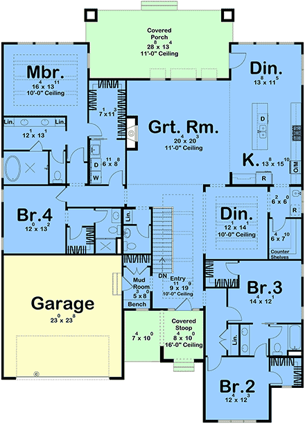 Contemporary, Prairie, Ranch House Plan 101413 with 4 Beds, 4 Baths, 2 Car Garage First Level Plan