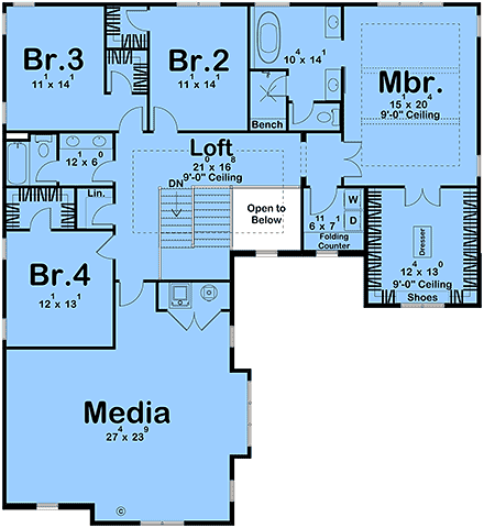 Contemporary, Craftsman, Farmhouse, Traditional House Plan 101414 with 5 Beds, 4 Baths, 2 Car Garage Second Level Plan