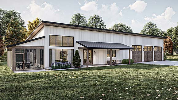 Barndominium, Contemporary, Country, Modern House Plan 101417 with 3 Beds, 2 Baths, 3 Car Garage Elevation