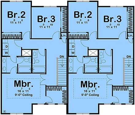 Contemporary, Farmhouse, Traditional Multi-Family Plan 101427 with 6 Beds, 6 Baths, 2 Car Garage Second Level Plan