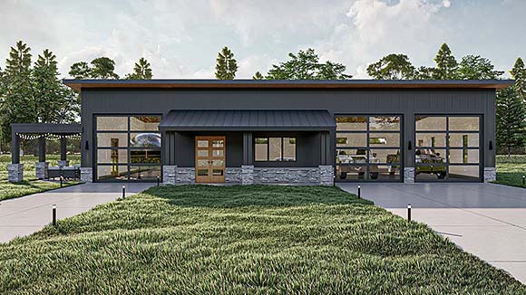Barndominium, Contemporary, Modern 3 Car Garage Plan 101435 Elevation